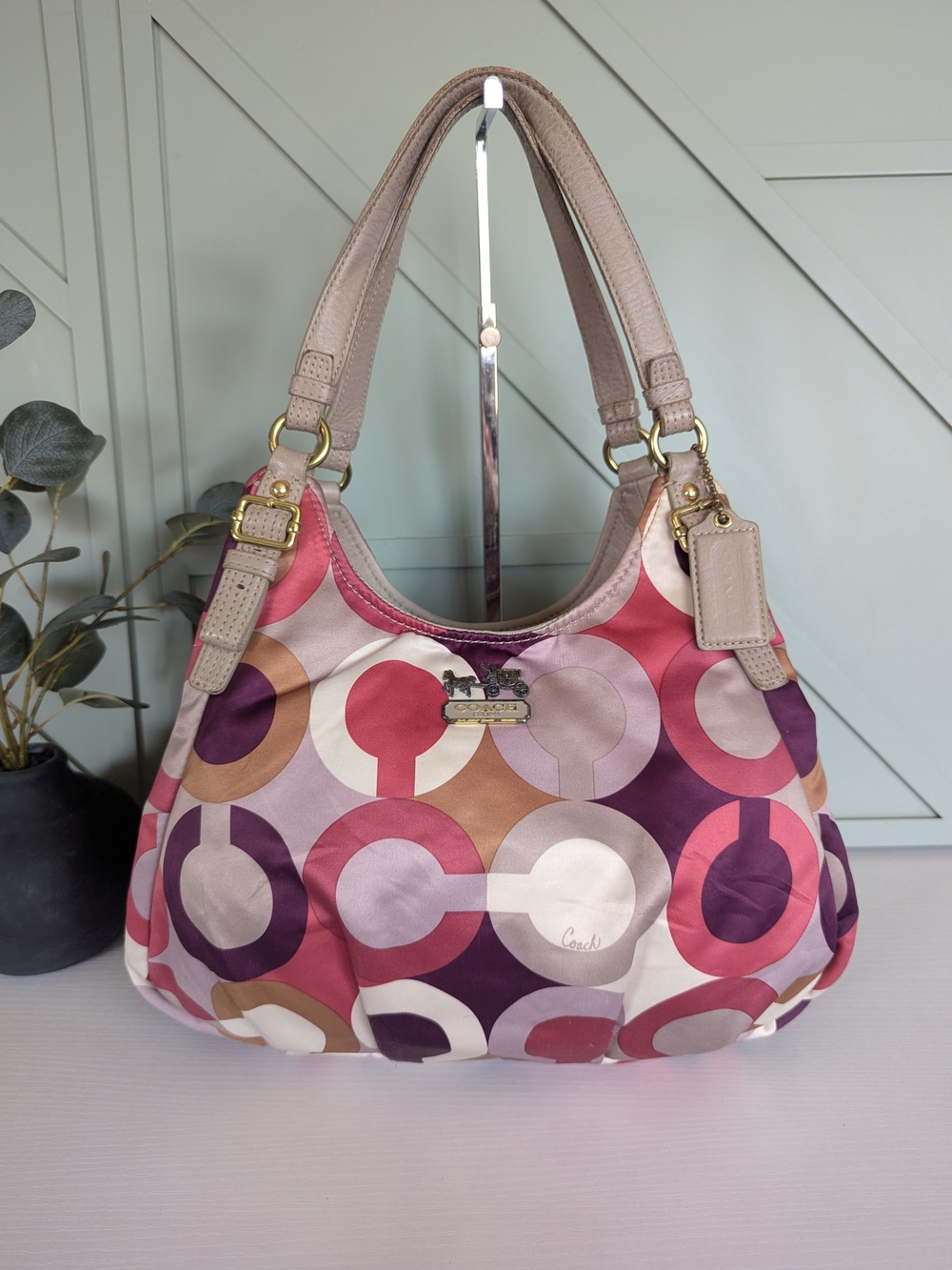 Coach Multi-Color Circle Print Shoulder Bag in Pink, Purple & Beige